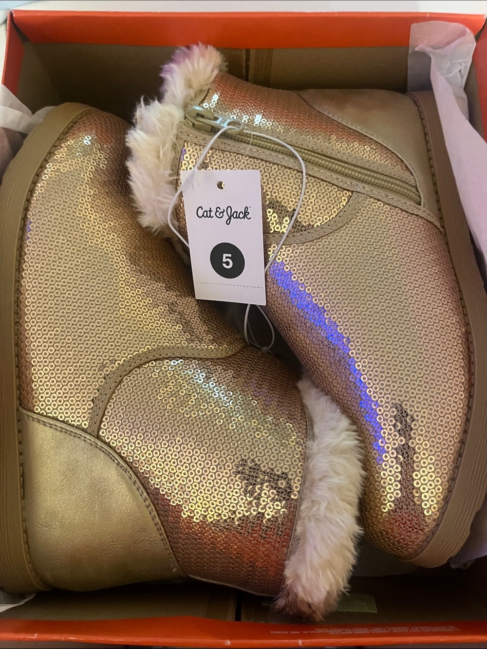Cat & Jack Girls' Gold Sequin Faux-Fur Ankle Boots
